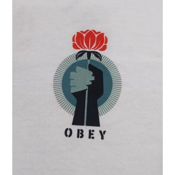 Obey Men's T-Shirt Rise Above Flower Fist White Size S Shepard Fairey - Picture 2 of 7